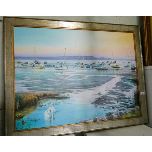 14 - Framed oil painting style print of a boats in harbour, signed 'Cherie Wheatcroft', number 6 of 50