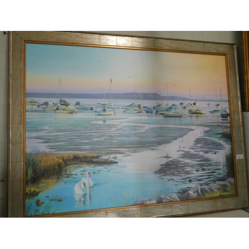 14 - Framed oil painting style print of a boats in harbour, signed 'Cherie Wheatcroft', number 6 of 50