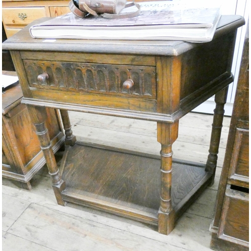42 - Shaped reproduction oak two tier hall table, fitted drawer