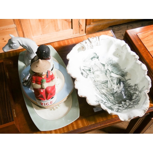 53 - A large shell shaped figure decorated toilet bowl, plates, figure ornaments, cake forks etc