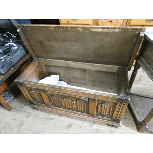 6 - Reproduction oak blanket box with linen fold panels, 3' wide