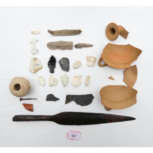 521 - Neolithic flint scrapers and chippings together with a broken Kylix or drinking vessel, an old Celti... 