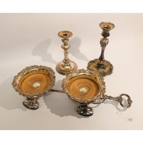 537 - A silver plated wagon double coaster and two plated candlesticks