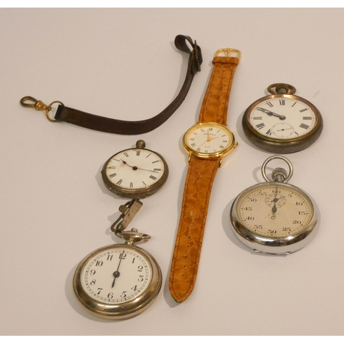 538 - Three pocket watches, a stop watch and a gent's wristwatch