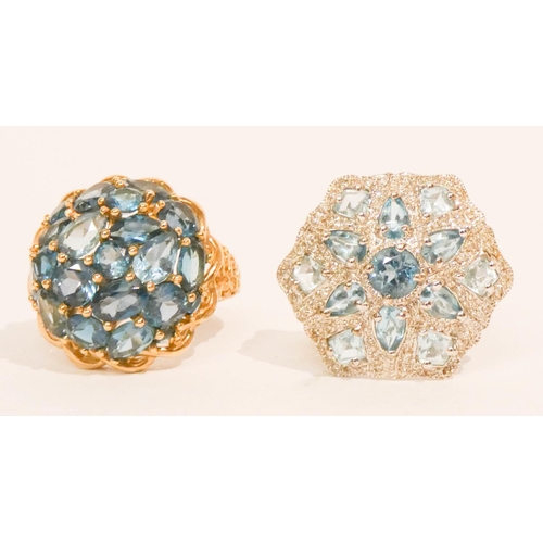 652 - Blue topaz cluster ring on 9ct yellow gold shank, size R and another blue topaz 9ct white gold large... 