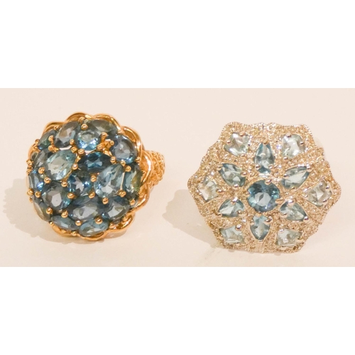 652 - Blue topaz cluster ring on 9ct yellow gold shank, size R and another blue topaz 9ct white gold large... 