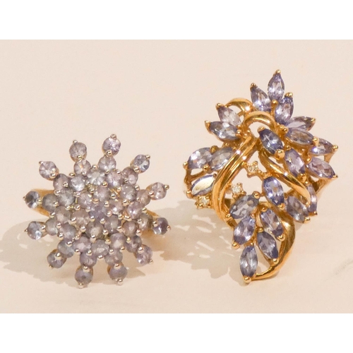 659 - Two modern ladies pale tanzanite cluster dress rings, both set in 9ct yellow gold, both size P