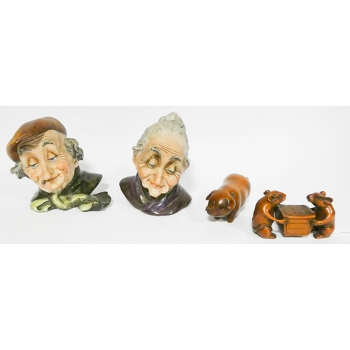 558 - Two carved wood Netsukes and Capodimonte small figures