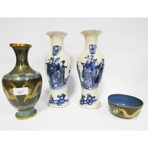 561 - A pair of Chinese figure decorated crackle ware vases, both rims chipped, each 11 1/2