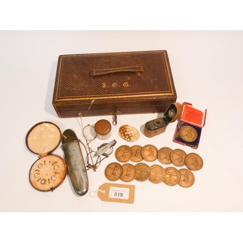 619 - A tooled  leather and gilt box containing a silver spectacle case, travelling inkwell, studs and a c... 