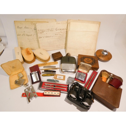 621 - A mixed lot of collectables to include, cigarette lighters, penknives, hip flask, binoculars, indent... 