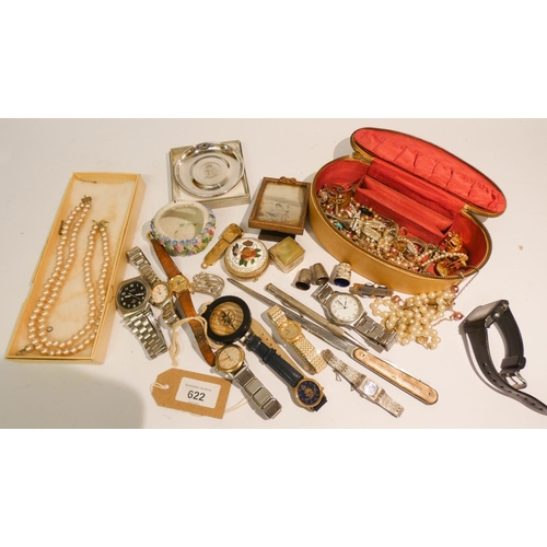 622 - A collection of costume jewellery, wristwatches, photo frame, thimbles and cigar cutter etc