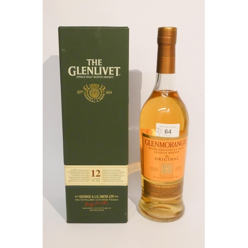 64 - A bottle of Glenlivet 12 year old single malt Scotch Whisky and a bottle of Glenmorangie single malt... 