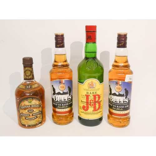 70 - A litre bottle of JB Whiskey, two 70cl bottles of Bells and a twelve year old Chivas Regal blended W... 