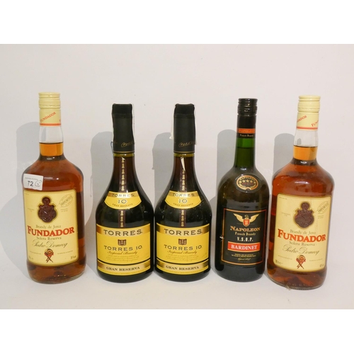 72 - Five bottles of assorted brandy