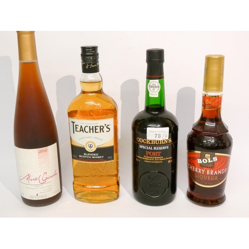 78 - Bottle of Teachers Whiskey, bottle of Cockburns port, bottle of Cherry Brandy and a bottle wine