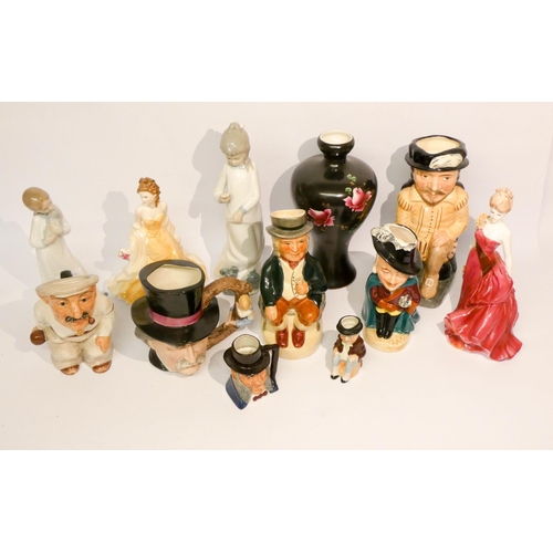 93 - Various lady figure ornaments, character jugs, vase and other figures