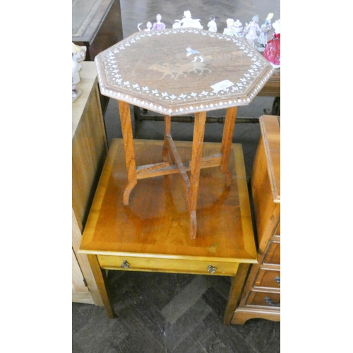 170 - A square yew wood coffee table, fitted drawer and oriental octagonal ivory inlaid occasional table