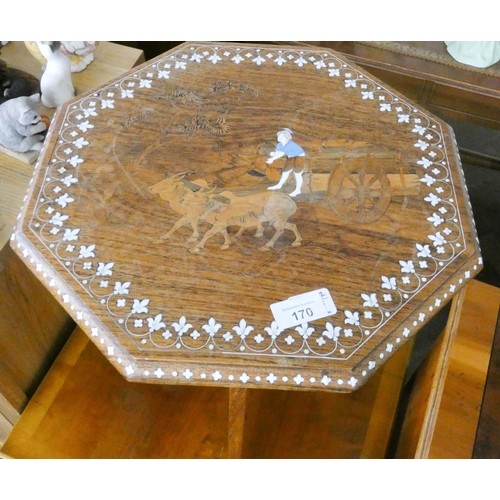 170 - A square yew wood coffee table, fitted drawer and oriental octagonal ivory inlaid occasional table