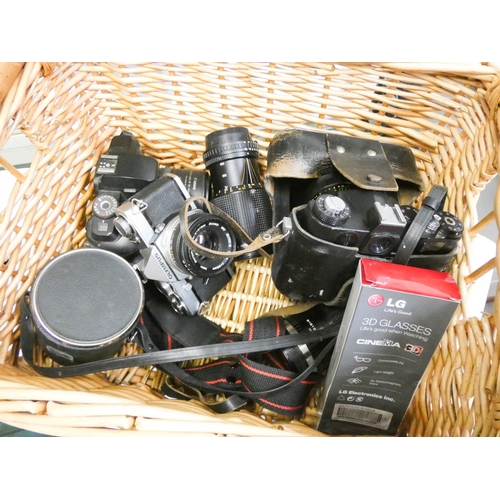 458 - A Cannon camera, Zenit camera, Olympus camera and a quantity of lenses, plus a pack of TV 3d glasses