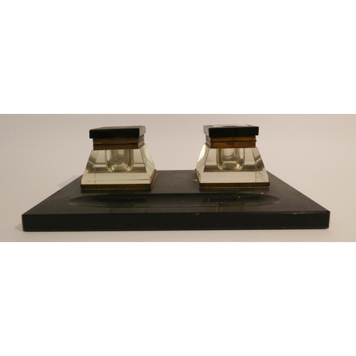 29 - Black marble desk inkstand with glass bottles