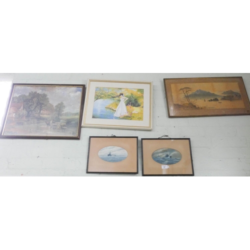 62 - A pair of small framed watercolours of battleships, watercolour of lake and country scene, one other... 