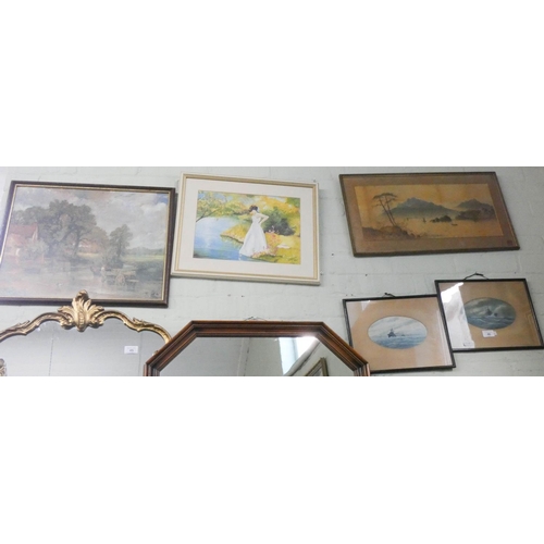 62 - A pair of small framed watercolours of battleships, watercolour of lake and country scene, one other... 