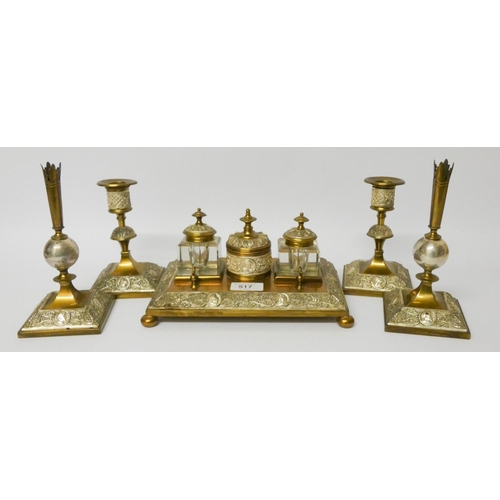 517 - French glass brass and plated decorated desk set, circa 1900, comprising of three bottle inkstand, p... 