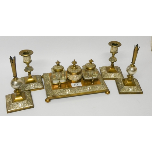 517 - French glass brass and plated decorated desk set, circa 1900, comprising of three bottle inkstand, p... 