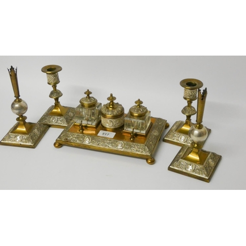 517 - French glass brass and plated decorated desk set, circa 1900, comprising of three bottle inkstand, p... 