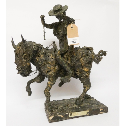 525 - A modern bronze sculpture of a matador on horseback, stamped on the base M Ordoves (slightly unclear... 