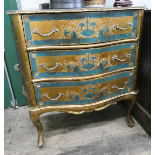 1 - A shaped blue and gilt decorated chest of three long drawers on cabriole feet, 2'6 wide