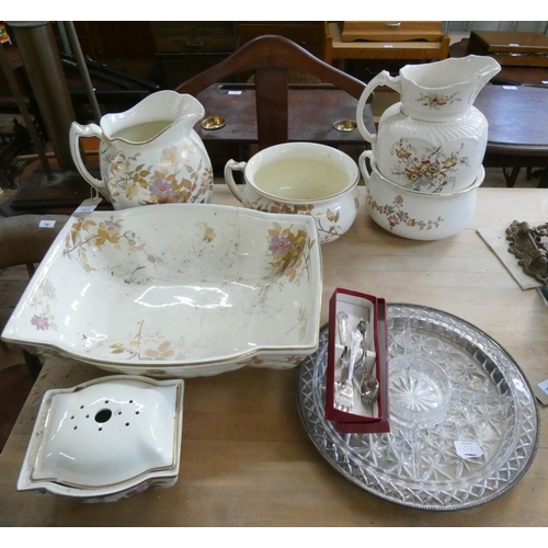 101 - A quantity of assorted toilet ware, glass and plated entrée dish and set of cake forks