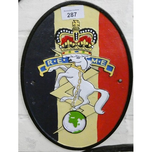 287 - A cast iron oval shaped REME sign