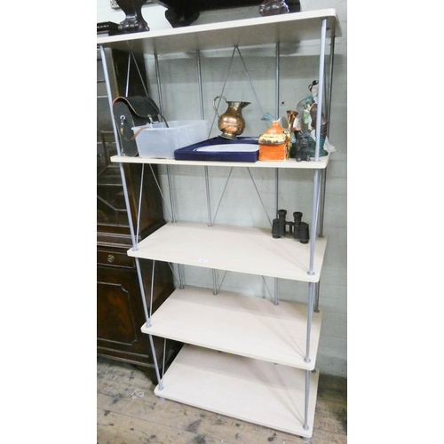 54 - A modern tubular framed and pine finished five tier shelf unit