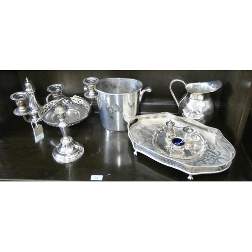 76 - Plated tray, candelabra, ice bucket, cake tray, sugar caster, large water jug, condiments etc