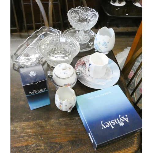 81 - Assorted glassware, two pieces of Aynsley, vases etc