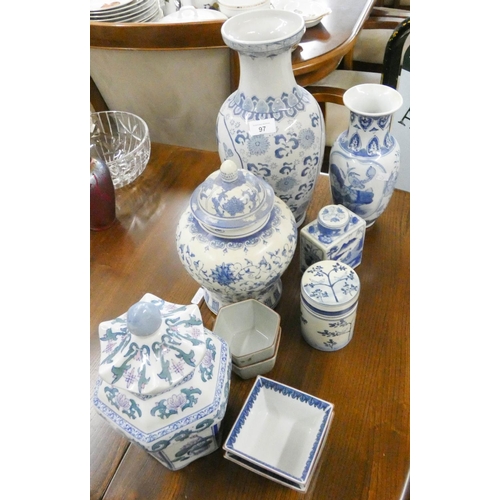 97 - Blue and white Chinese style vases, jars with covers, bowls etc