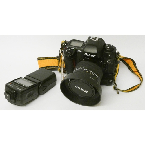 170 - A Nikon F100 camera with large Nikon lens AF Zoom Nikkor and Nikon speed light SP28 in good padded c... 