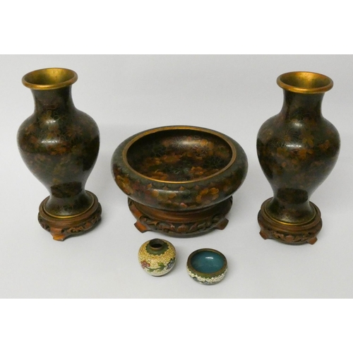 501 - A cloisonné bowl with hardwood stand, pair of cloisonné vases with stands and two miniature cloisonn... 