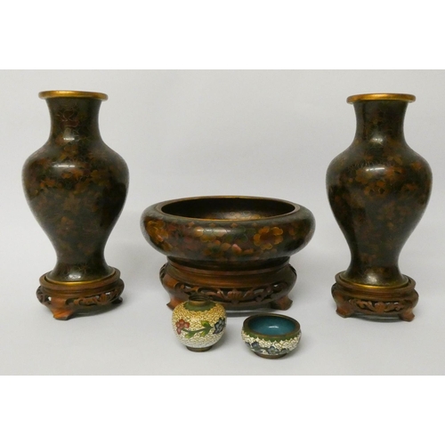 501 - A cloisonné bowl with hardwood stand, pair of cloisonné vases with stands and two miniature cloisonn... 