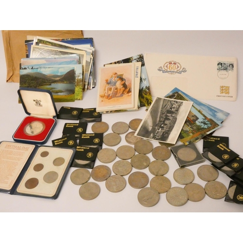 511 - A few postcards, various coins, crown etc