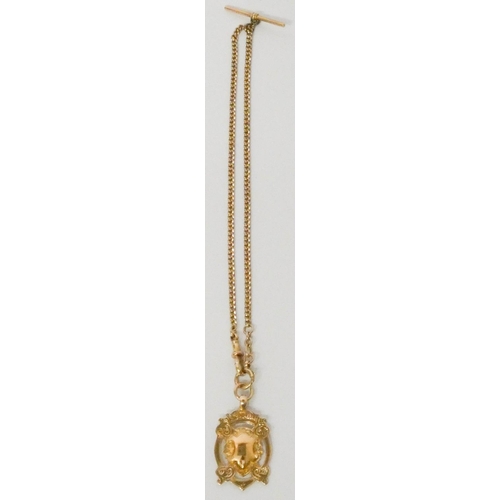 615 - 19th century 9ct gold albert chain with T bar with yellow metal medallion - unmarked, chain weight 1... 