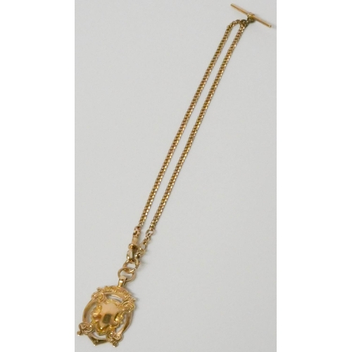 615 - 19th century 9ct gold albert chain with T bar with yellow metal medallion - unmarked, chain weight 1... 