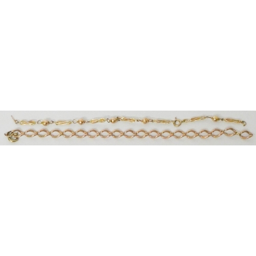 620 - 9ct gold curb link bracelet and a modern bead and long link  chain bracelet, weight 15.7 grams