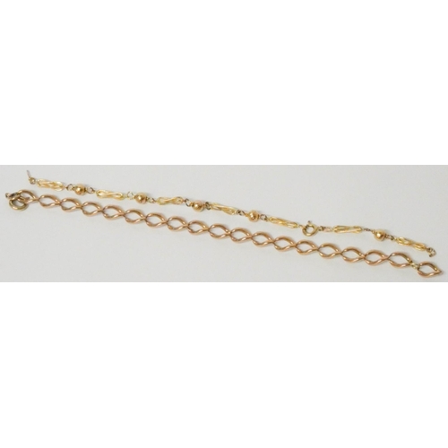 620 - 9ct gold curb link bracelet and a modern bead and long link  chain bracelet, weight 15.7 grams