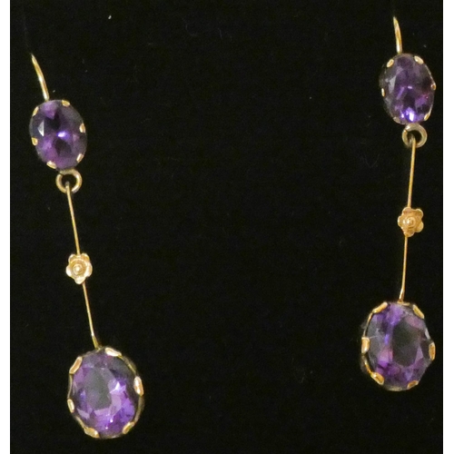 625 - A pair of vintage 9ct rose gold and amethyst drop earrings