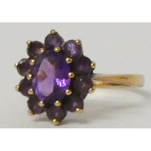 626 - An amethyst cluster ring, on 9ct gold shank, ring size P