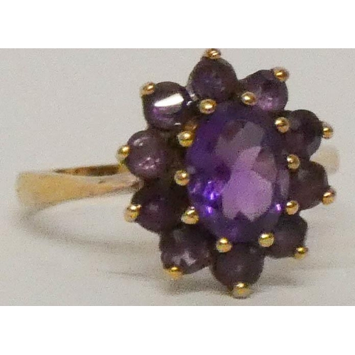 626 - An amethyst cluster ring, on 9ct gold shank, ring size P