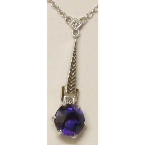 627 - Art Deco style amethyst and diamond white gold pendant, marked 9ct, on unmarked white metal chain